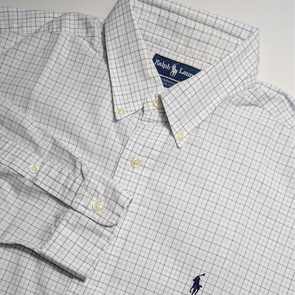 Ralph Lauren 17/35 White Blue Plaid Yarmouth Preppy Office Button Down‎ Shirt - Picture 1 of 8